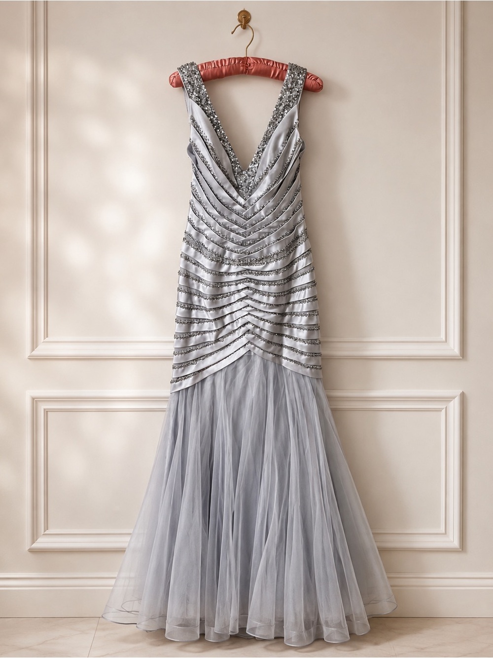May Queen VINTAGE Silver Beaded V-Neck Prom Gown